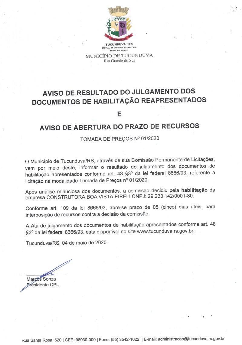 TMP 01/2020 AVISO RESULT JULG NOVA DOC HABILIT E ABERT PRAZO RECURSOS